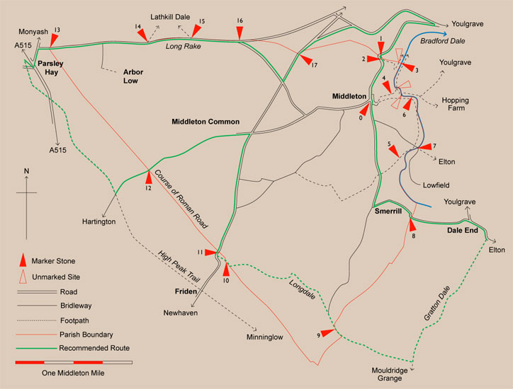Map of Middleton & Smerrill showing sites of boundary stones and cycle route
