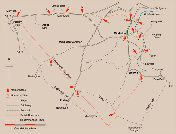 Map of Middleton & Smerrill showing sites of boundary stones and walk 1