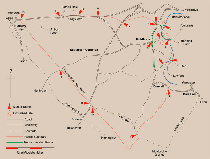 Map of Middleton & Smerrill showing sites of boundary stones and walk 2